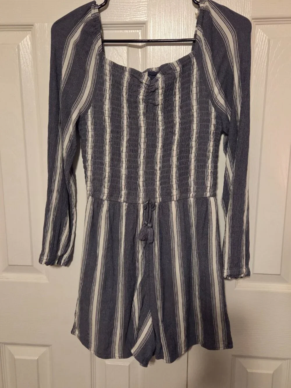 🚸4/$12🚸Justice Blue and White Striped Smocked Long-Sleeve Romper Size XL 14/16